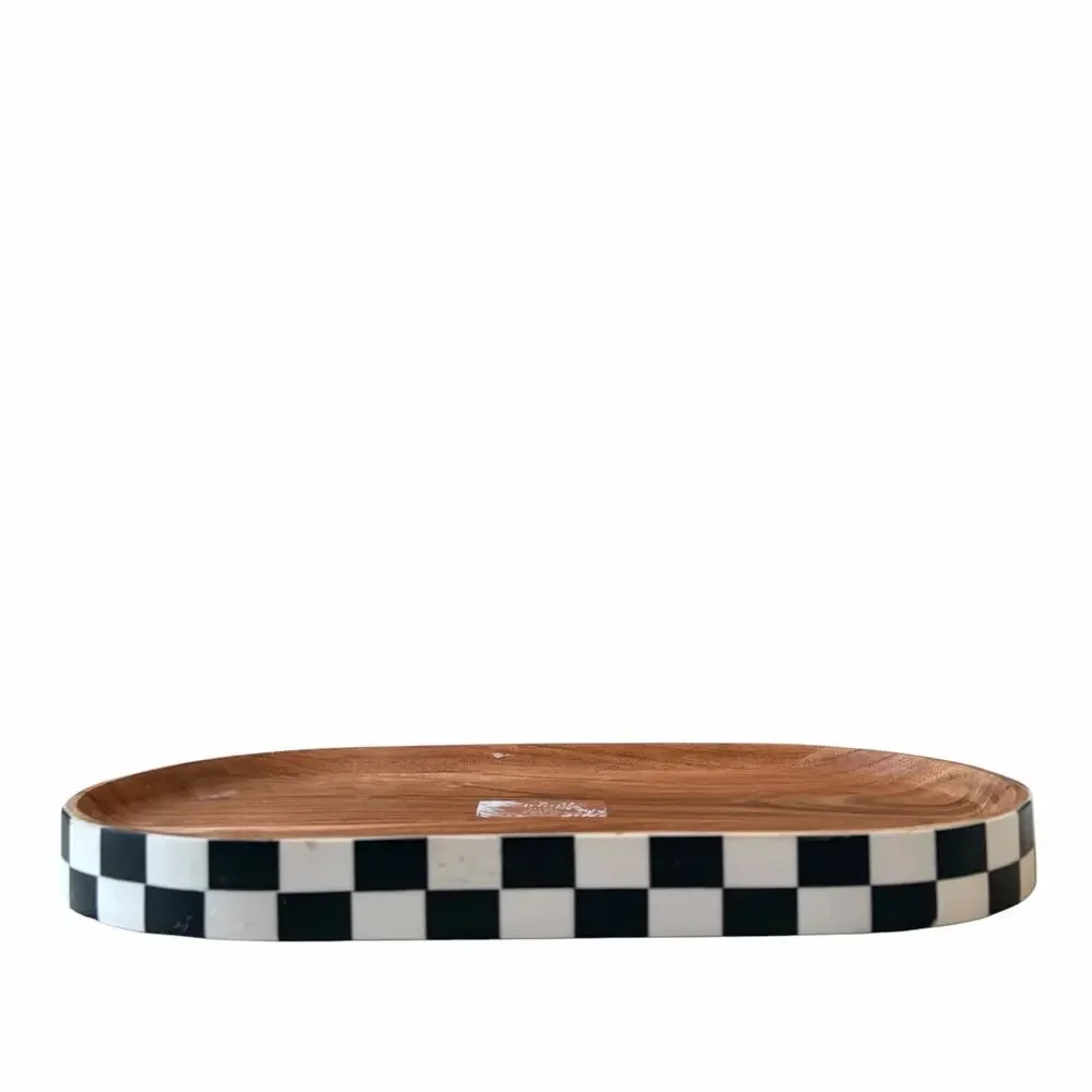 Black & White Checkered Enameled Mango Wood Serving Tray 17x9 Made In India NEW